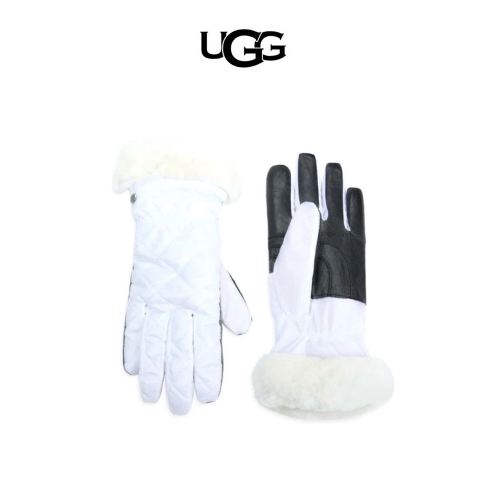 UGG White Black Quilted Shearling Trim & Leather Gloves NWT